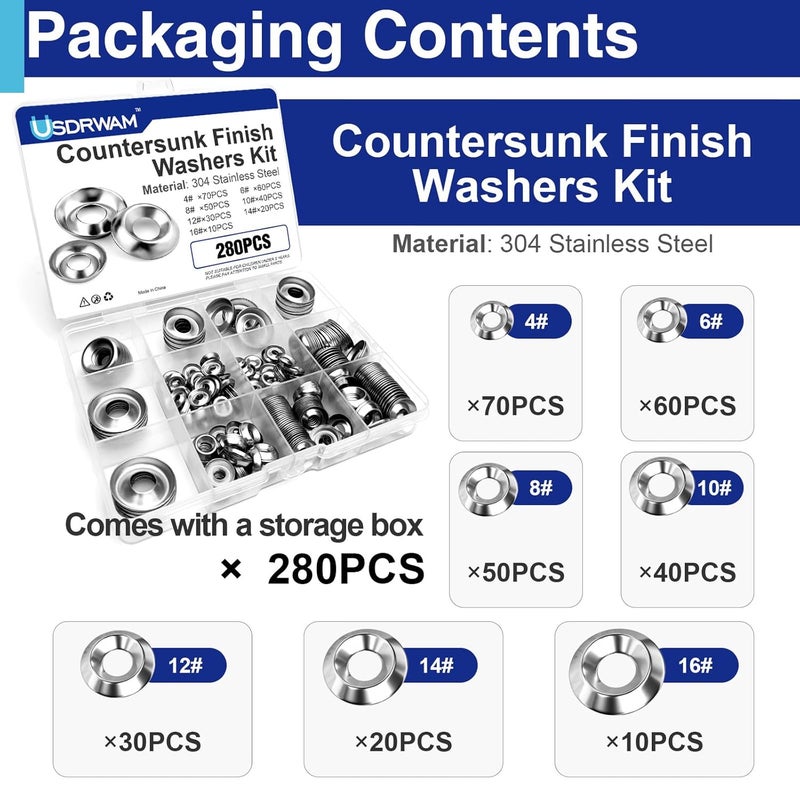 Usdrwam Countersunk Finish Washers, Finish Cup Washers Countersunk Cup Stainless Steel 7 Sizes, 280 Pcs Sliver - Image 3